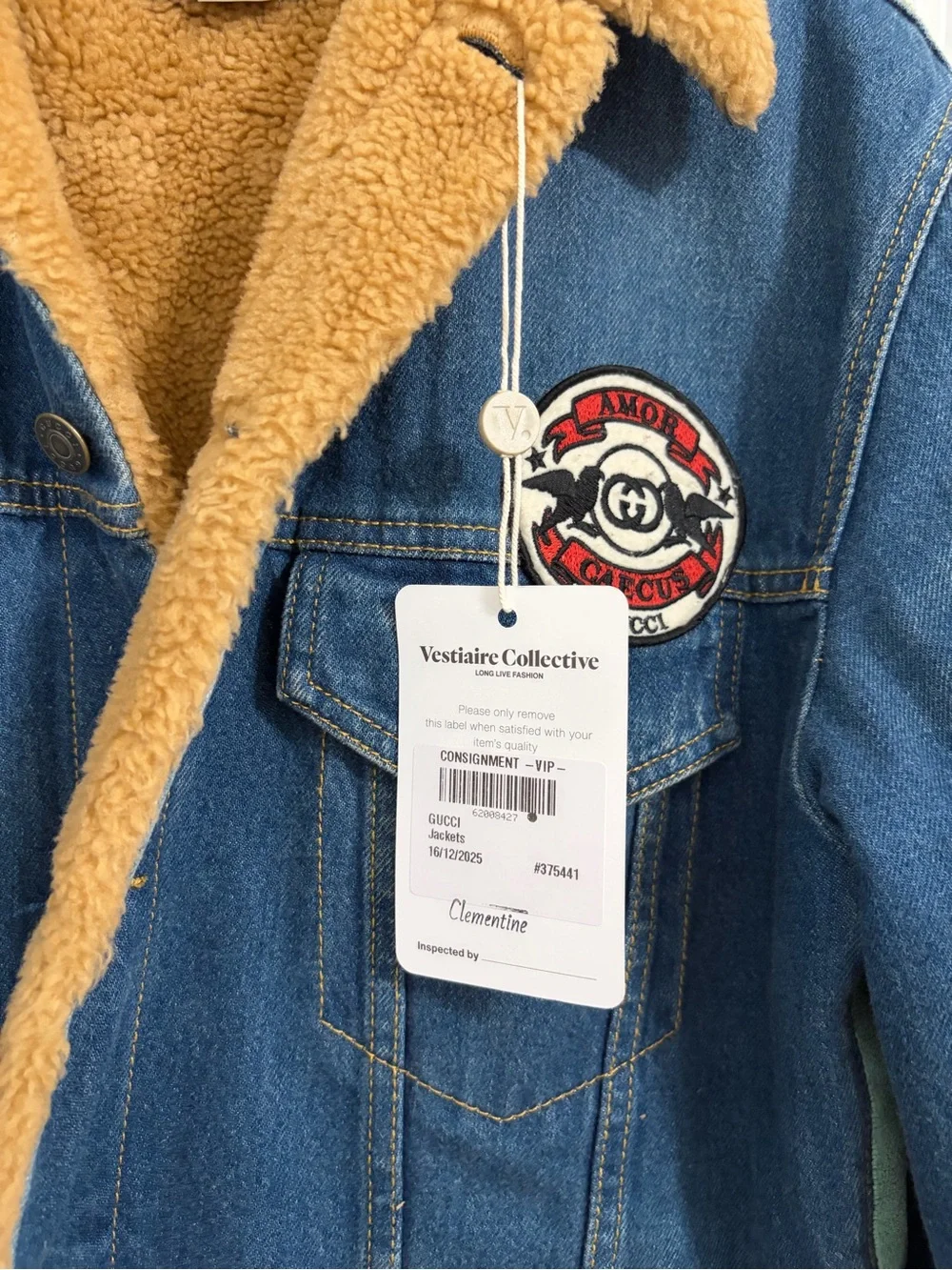 Gucci Blue Denim Jacket with Tan Sherpa Collar